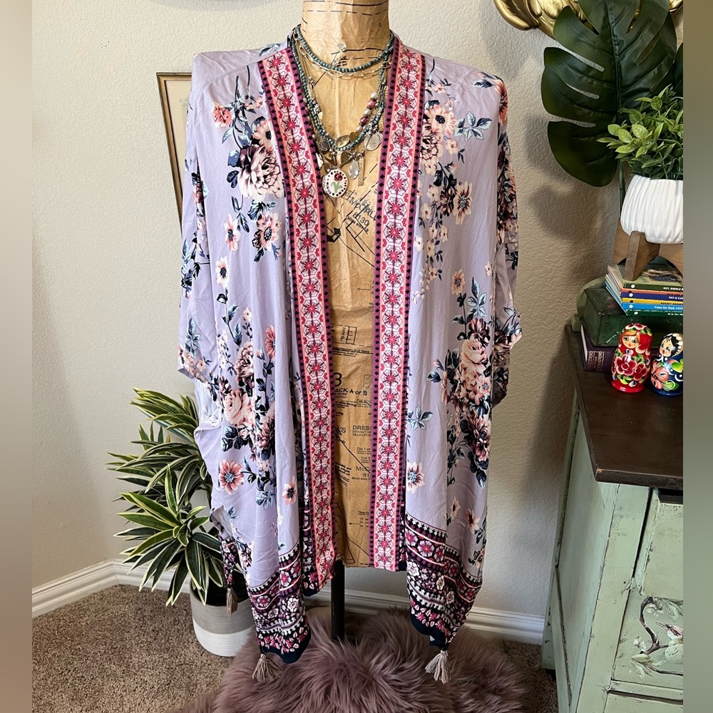Knox Rose Colorful Floral Boho Open Front Tassel Duster Kimono XL/XXL Hippie